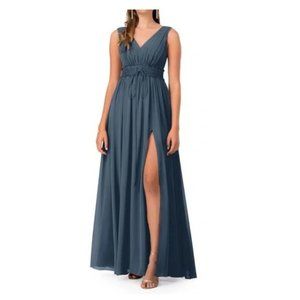 NWT Azazie Kensington A-Line V-Neck Chiffon Slit Floor-Length Gown Dress Neptune